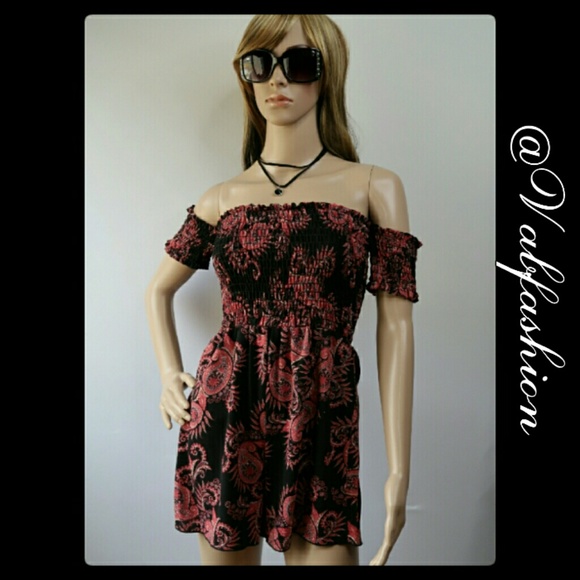 Vabfashion Pants - BLACK AND FUSCHIA PAISLEY PRINT OFF SHOULDER ROMPER W/ LEATHER LAYERED CHOKER!🌸